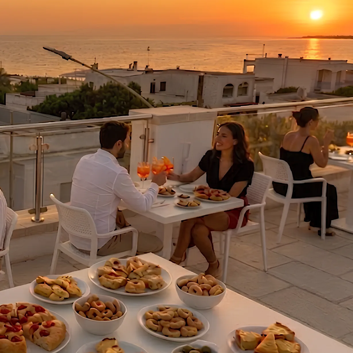 Tavolo apparecchiato al tramonto sul porto del Salento